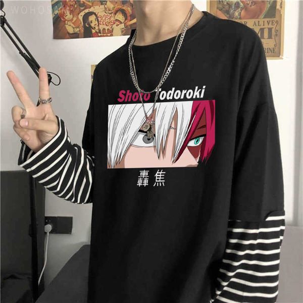 Erkek Tişörtler Todoroki Shoto Göz Benim Kahraman Akademisi Anime Uzun Kollu T-Shirts Harajuku Unisex Yaz Büyük Boy Giyim Çizgili Tişörtler Y2302