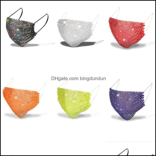 Maschere per feste Dhs Diamond Mask Colorf Mesh Bling Strass Grid Net Washable Sexy Hollow For Women Girl Drop Delivery Home Garden Fes Otbi6