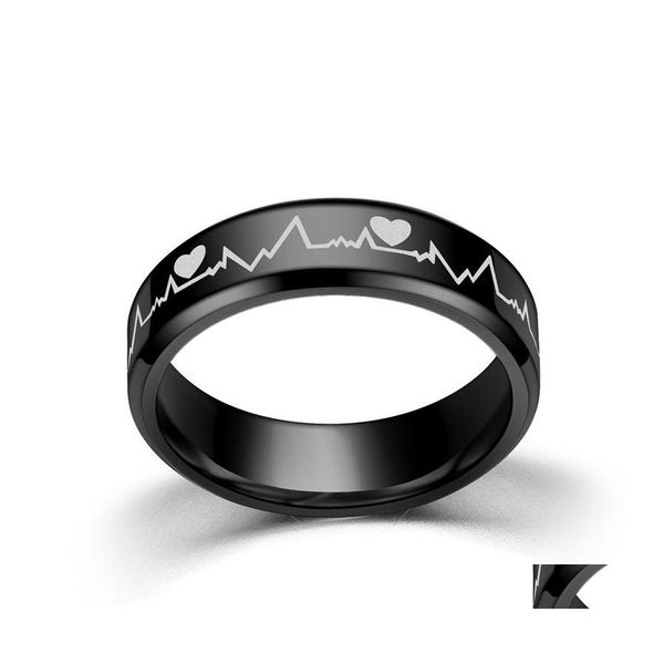 Bandringe Personalisierte Edelstahl Hochglanzpolieren Schwarz Herzschlag ECG Design Für Männer Hochzeitsgeschenke 512 Drop Lieferung Schmuck Otaek