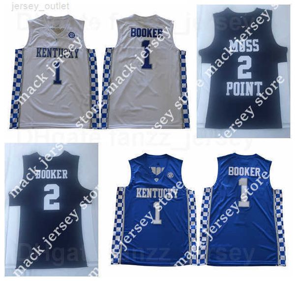 NCAA Moss Point Devin Booker High School Maglie 1 Kentucky Wildcats College Basketball University Blu Navy Bianco Squadra in trasferta Traspirante