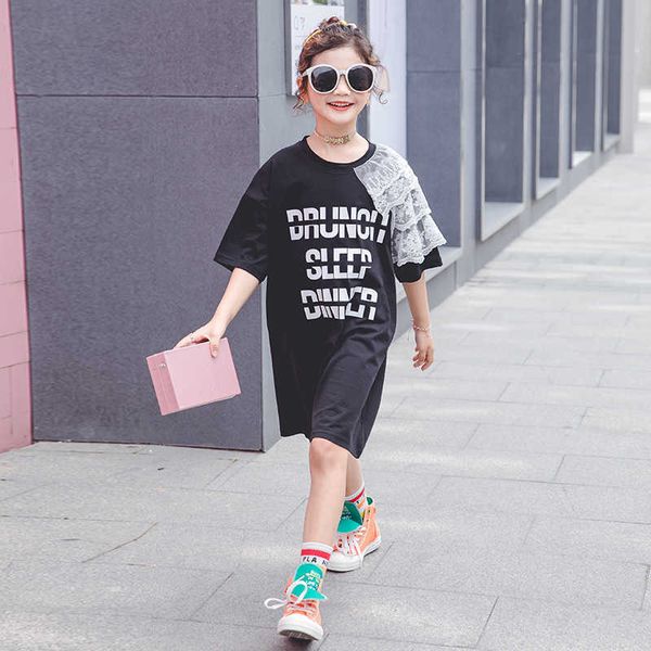 Abiti da ragazza Marca Bambini Vestiti per ragazze T-shirt estiva T-shirt in cotone impiombato in pizzo T-shirt lunga allentata Lettera Casual Top 4 5 7 9 10 12 13 Anni 0131