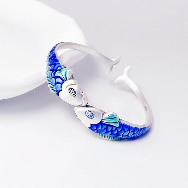 Bangle Sole Memória Estilo Nacional Blue Glazed Carpa Lucky Art Creativity Color Silver Feminino Bracelets SBR332