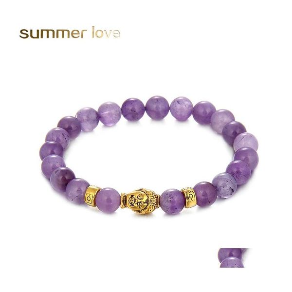 Fili di perline Fashion Summer Love Braccialetti di perline Ciondolo testa di Buddha placcato oro con braccialetto di perline di pietra naturale ametista per me Otwis