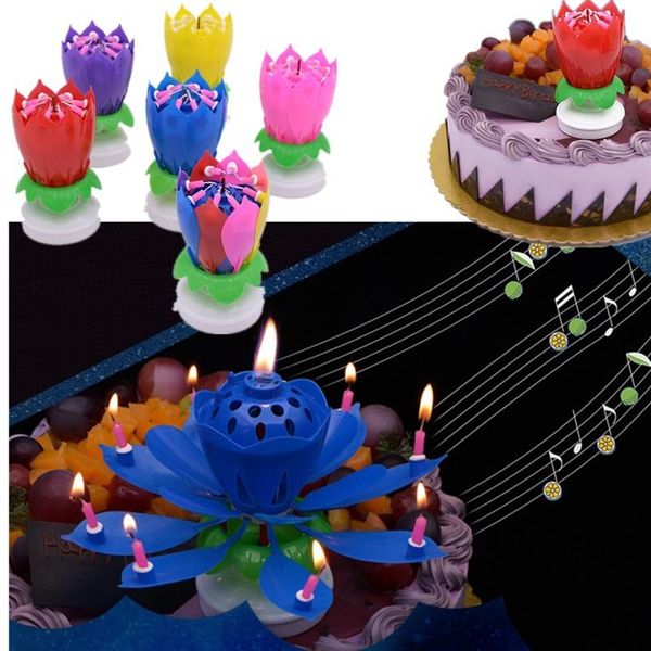 Figuras decorativas Objetos girando parabéns Party Party Candle cantando camada dupla camada de lótus bolo de flores de flores leve decoração de lâmpada