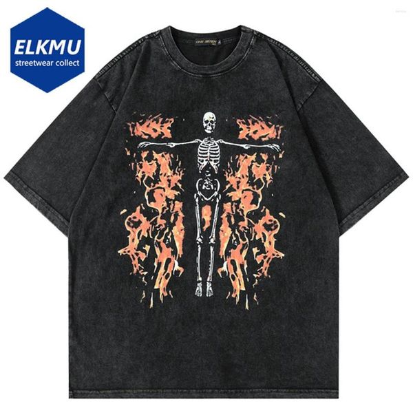 Männer T Shirts Feuer Schädel Punk Männer Übergroße Harajuku Streetwear T-shirts 2023 Sommer Kurzarm Schwarz Hip Hop T-shirts