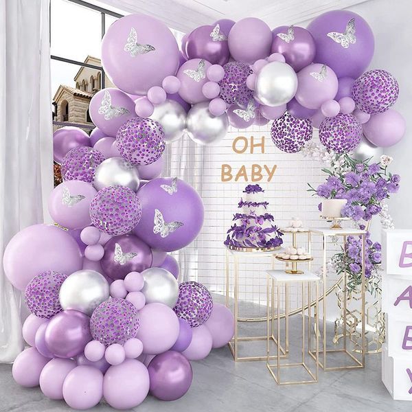 Andere Partyzubehör für Veranstaltungen, lila Luftballon-Girlandenbogen-Set, metallische silberne Luftballons, Schmetterlingsaufkleber, Konfetti für die Geburtstags- und Hochzeitsdekoration 230131