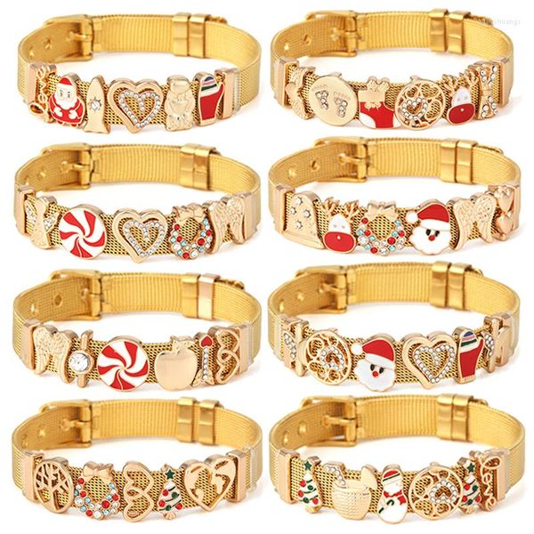 Charm-Armbänder, Goldfarben, Weihnachtsmann, Schneemann, Hirsch, Schiebeperlen, passend für Edelstahl-Mesh-Armbänder für Damen und Herren, Weihnachtsschmuck, Geschenk