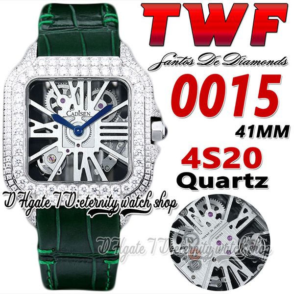 TWF TWW0015 Swiss Ronda 4S20 Orologio da uomo al quarzo completamente ghiacciato Grandi diamanti Lunetta Marcatori romani Quadrante scheletrato Cinturino in pelle verde 2023 Super Edition Orologi eternità