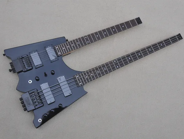 E-Gitarre, schwarze Doppelhals-Bassgitarre ohne Kopf, 4 und 6 Saiten, mit schwarzer Hardware, Palisander-Griffbrett, kann individuell angepasst werden