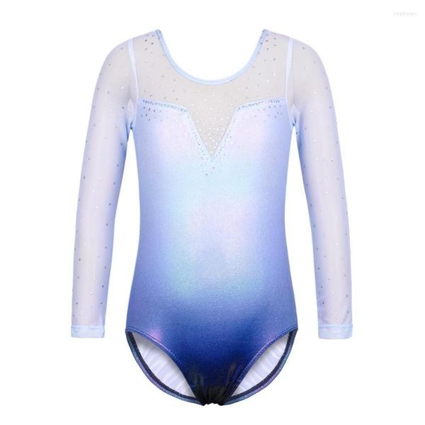 Usura della fase BAOHULU Ragazze Paillettes Blu Balletto Body Chiffon Manica Lunga Ginnastica Soft Touch Danza Tuta Ballerina Costume