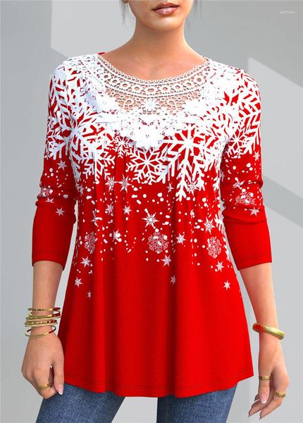 Женские блузки кружевные кружевные женские модные рубашки осень с длинным рукавом рождественские снежинки 3D Принт.