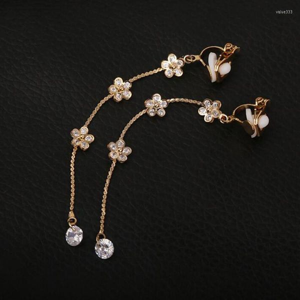 Backs Orecchini Grace Jun Top Quality Color oro Piccolo fiore Full CZ Long Clip On Non Piercing Party Wedding Ear Bigiotteria