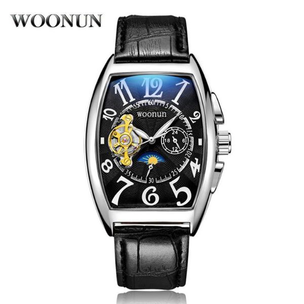 Нарученные часы 2023 мода Tonneau Watch Men Luxury Tourbillon Автоматический механический фаза луны Relogio Masculino