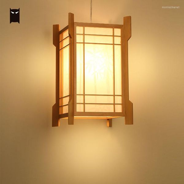 Kolye lambaları meşe ahşap küçük kare ışık fikstürü Japon Kore tarzı asılı tavan lambası için Tatami Restoran Odası E27 E26 Ampul