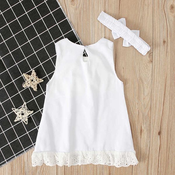 Mädchenkleider Sommerkleidung 0-24 Monate Neugeborenes Baby Mädchen Spitzenkleid ärmellos mit Schleife, Rippe, einfarbig, weißes Etuikleid mit Stirnband