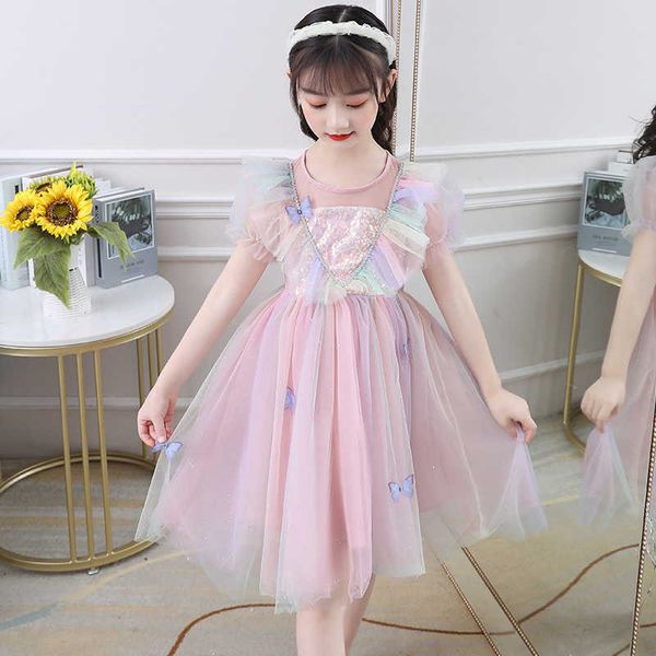 Kızın sevimli bebek kız kıyafetleri tatlı prenses elbiseler kelebek dantel payet voile parti tutu gökkuşağı örgü gelinlik çocuk balo elbisesi 0131
