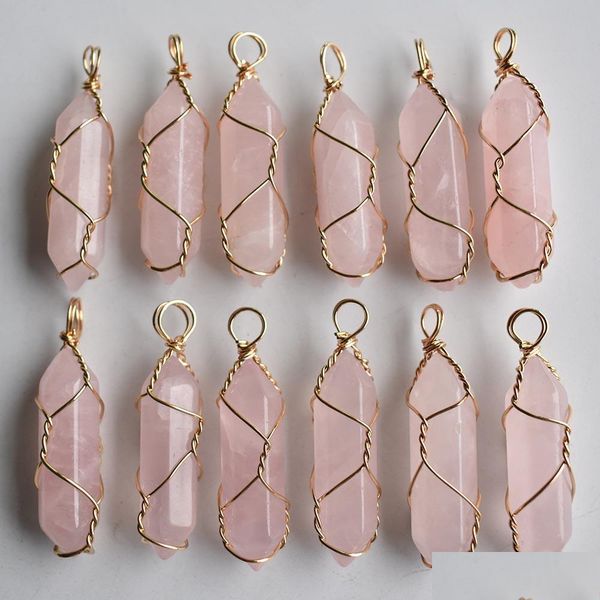 Charms Wire Gold Stone Natural Rose Quartz Amethyst Hexagonal Healing Reiki Pondants para j￳ias que fazem entrega de queda dhgarden dh9fi