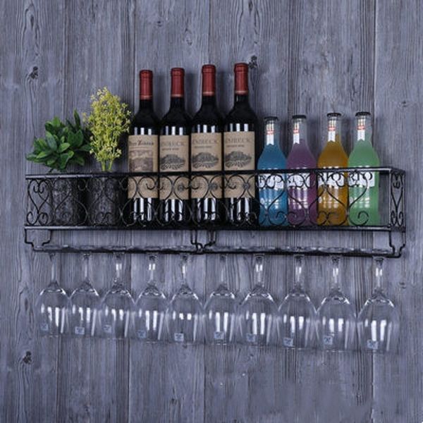 Racks de vinho da mesa Montagem de ferro montada na parede garrafa de vidro de vidro de vidro prateleiras de vidro de parede Luz em casa e forte decoração de design exclusivo durável 230131