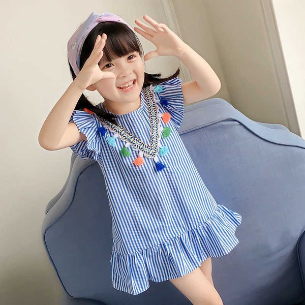 Ragazza Hot New Korea Japan Dress Toddler Bambini Neonate Abiti di compleanno adorabili Abiti da festa con volant con spalle scoperte a righe blu 0131