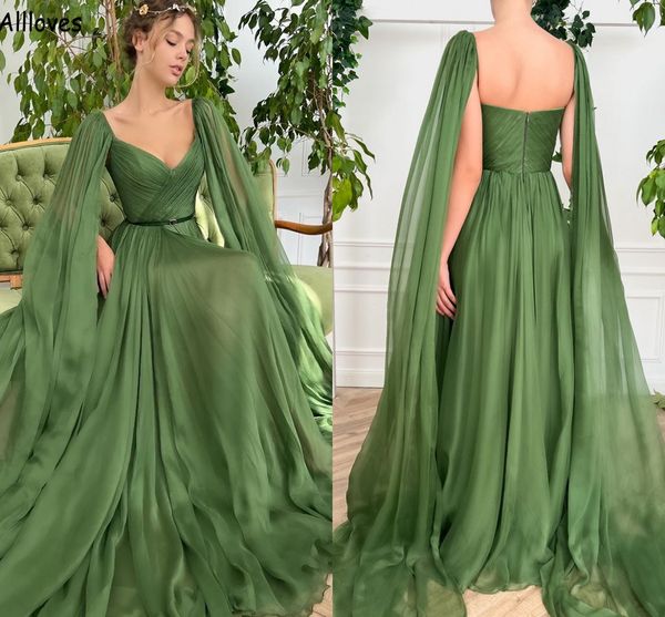 Caftan Islam Marroquino Abaya Vestidos de noite verde com chiffon plissado de chiffon de uma linha para mulheres vestidos de vestido de recepção árabe da segunda recepção CL1764