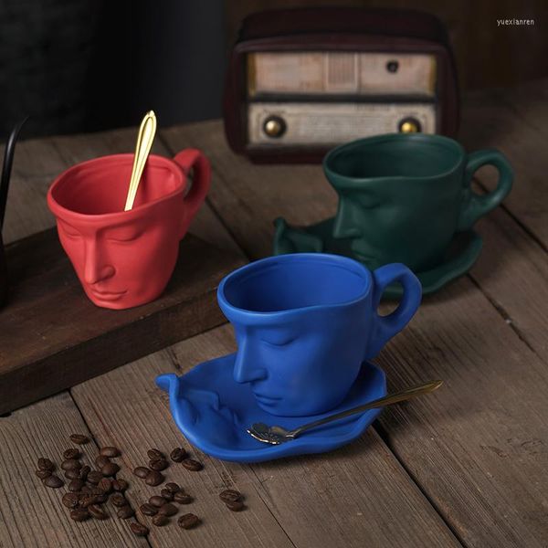 Tassen Untertassen Kreatives abstraktes Design Denker Keramik mit handgefertigter Kunst Kaffee Teetasse Untertasse Löffel Set Geschirr Besondere Geschenke