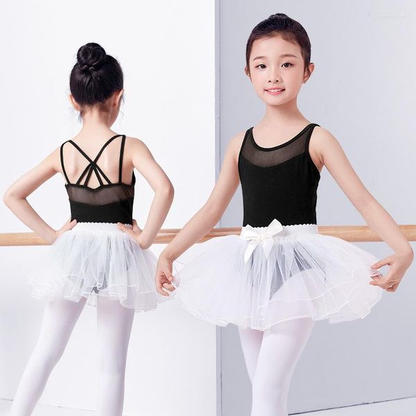 Stage Wear Collectie Zomer Meisjes Kids Kinderen Roze Ballet Dancewear Mesh Splice Mouwloos Dans Turnpakje Tule Tutu Rok Set