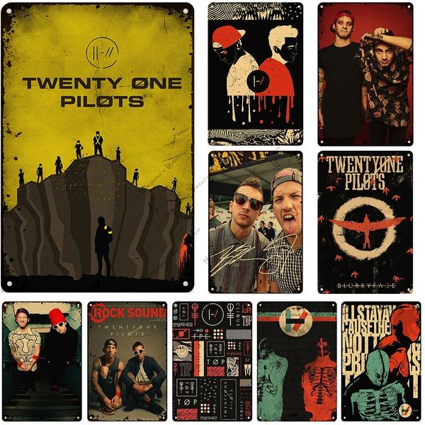 Twenty One Pilots Vintage-Metallgemälde, nostalgisches altes Poster, rostiges Metall-Blechschild, Sänger-Band, Metallschilder, Zuhause, Bar, Wandplatte, 20 cm x 30 cm, Woo