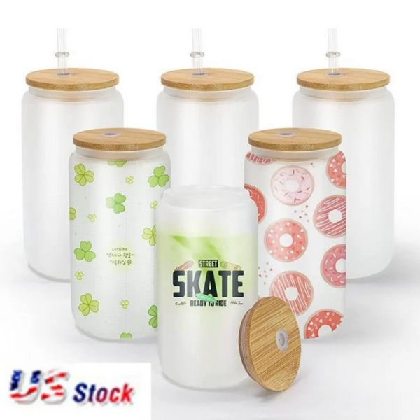 USA SHIP 16 oz Sublimationsglas-Bierkrüge mit Bambusdeckel, Strohbecher, DIY-Rohlinge, gefrostete, durchsichtige Dosenbecher, Wärmeübertragung, Cocktail, Eiskaffee, Whiskey, SS0201