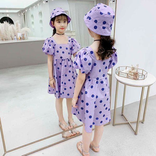 Moda da menina verão crianças roupas 6 7 8 9 10 11 12 13 14 15 anos meninas puff manga dot vestidos com chapéu vestido de princesa