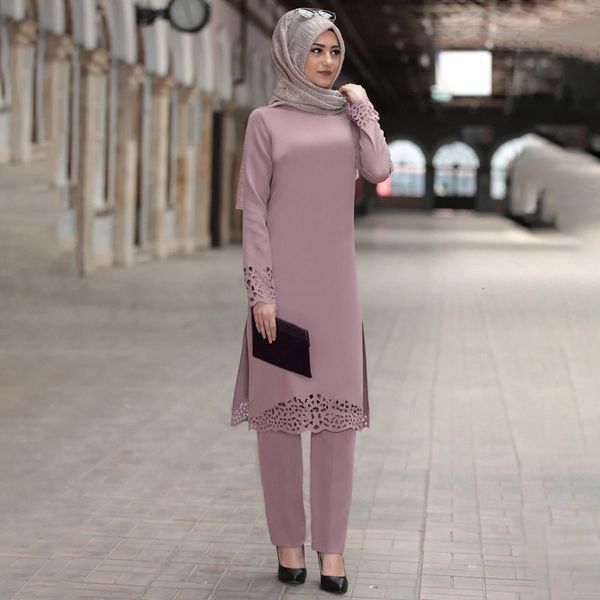 Abbigliamento etnico Abbigliamento islamico Set di pantaloni per donna Abito Abaya Moda musulmana Scava fuori Solido manica lunga Arabo Dubai Eid Mubarak Caftano da donna 230131