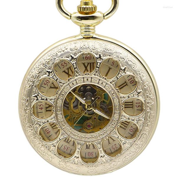 Карманные часы полные золотые полой цветы Механические ручные ретро-унисекс изящные римские цифры с FOB-цепью PJX1371