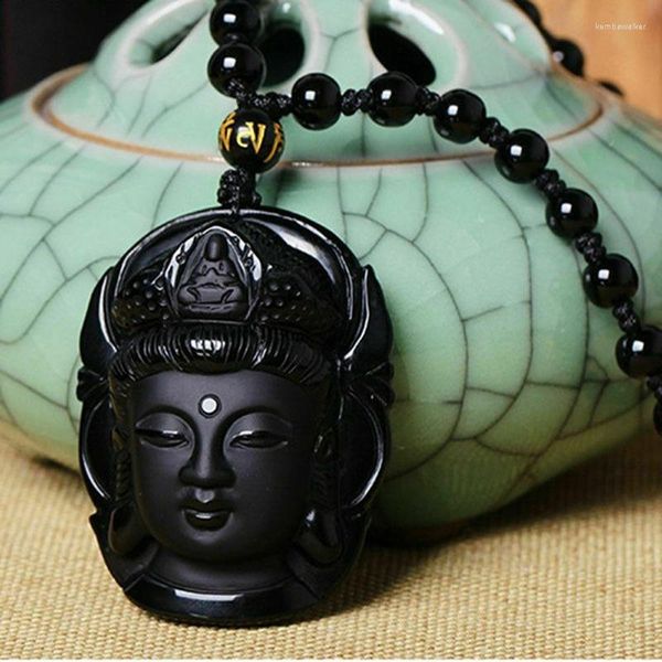 Anhänger Halsketten Einzigartiges Glück für Frauen Buddha Natürlicher Obsidian Schwarz Geschnitzte Halskette