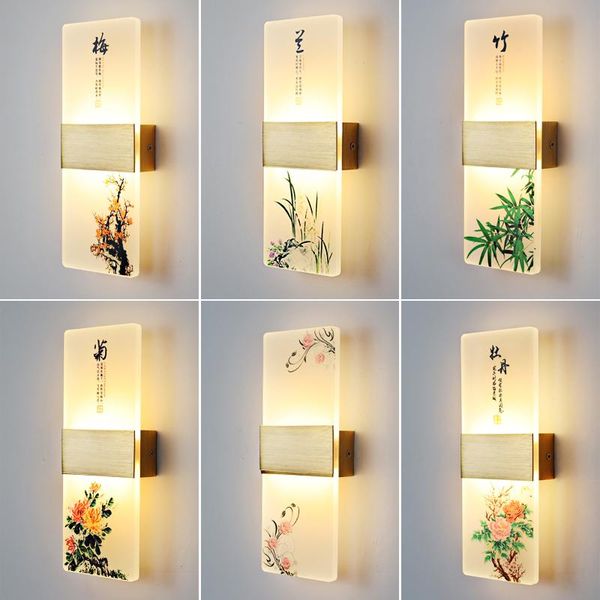 Lâmpada de parede LED acrílico Luz de estilo chinês Penoy Orchid Pattern para sala de chá para refeições Living Simple Entrance Bar El