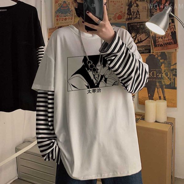 Camisetas masculinas de anime japonês bungo cães stray harajuku camiseta kawaii Osamu dazai preto e branco gráficos moda hip hop listrado manga longa y2302