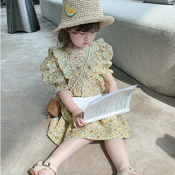 Mädchen es Mädchen Britischen Stil Rüschen Floral Puff Sleeve Prinzessin Kleid 2022 Sommer Neue Baby Kinder Kinder Kleidung 0131