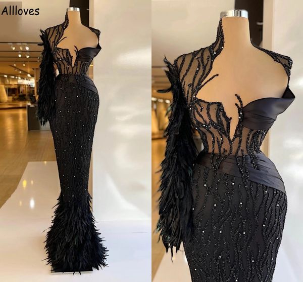 Schwarze, luxuriöse, mit Federn und Pailletten besetzte Abendkleider, glänzend, eine Schulter, klassische Abschlussball-Party-Kleider mit langen Ärmeln, Damen-Kleid für besondere Anlässe, Meerjungfrau, formell, CL1756