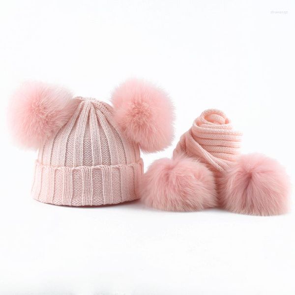 Berets Kids Real Fur Pompom вязание шляпы шляпы шарфы Set Seat костюм для мальчиков девочки зима 4 шляпы 2023