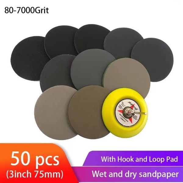 50pcs Islak kuru zımpara çeşitleri 80-7000 grit zımpara diski 3inch75mm kanca ve döngü zımpara pedi ahşap için