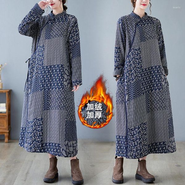 Casual Kleider 2023 Winter Mittleren Alters Und Ältere Mütter Große Lose Baumwolle Fleece Kleid Zen Retro Gedruckt Kleidung Frauen
