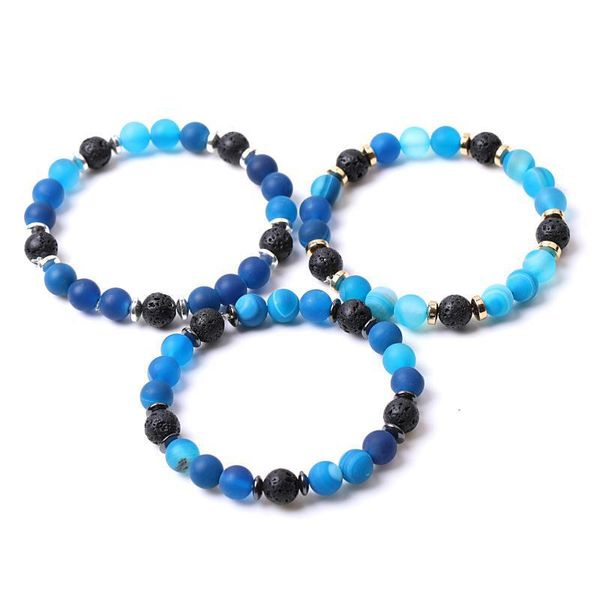 Contas de 8 mm de listra azul fosco AGATE Stone Stones Hematite Lava Frend Bracelets para homens Homens Yoga Buda J￳ias de energia Drop D Dhgarden dh8q1