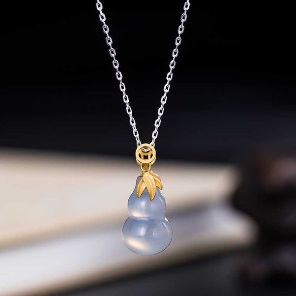 Anhänger Halsketten Einzigartige S925 Sterling Silber Kreative Chinesische Stil Chalcedon Kürbis Anhänger frauen Bambus Blatt Halskette Großhandel Anpassung G230202