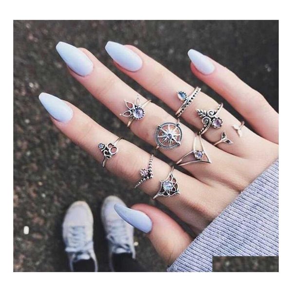 Bandringe Vintage Punk Knuckle Boho Midi Ring Set 9 Teile/satz Meerjungfrau Schwanz Kompass Yoga Hohl Geschnitzt Hochzeit Drop Lieferung Schmuck Dhazh