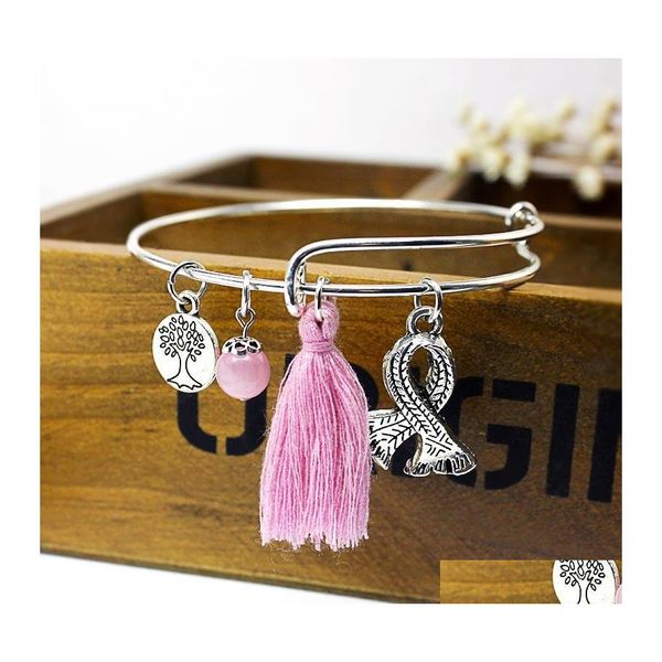 Bangle Breast Cancer Awareness Pink Ribbon Charm Bracciale o Ethnic Sier Evil Turkish Eyes Mano di Hamsa Espandibile Drop Delivery Jewel Otvch