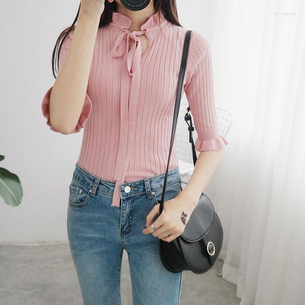 Maglioni da donna 2023 Stile Preppy Donna Maglione di lana Pullover Mezza manica Basic Top da donna Slim Knitting Bow Tee Shirts Pull Femme 1373