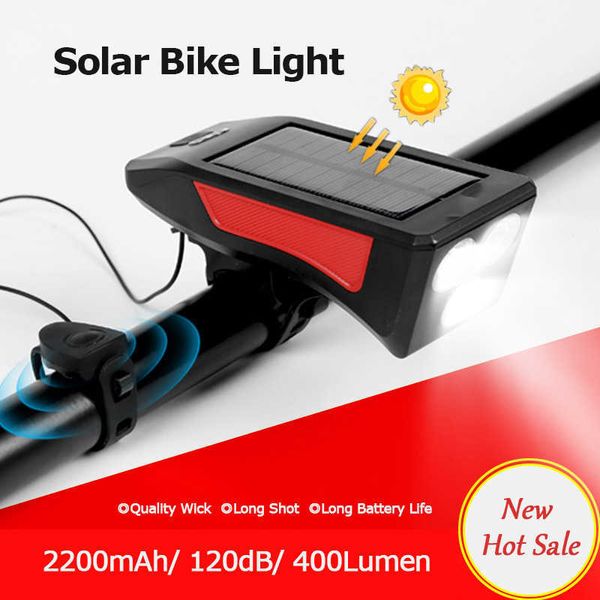 Işıklar Boynuzlu Çok Fonksiyonlu Güneş Işığı MTB Yol Bisiklet Fener Fener USB Şarj Edilebilir Lamba Bisiklet Far Bisiklet Aksesuarları 0202