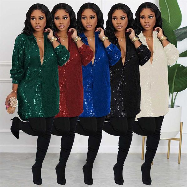 Frauen Kleider Casual Designer 2023 Neue Verkauft Sexy Pailletten Hemd Solide Kleid 5 Farben S-XXXL