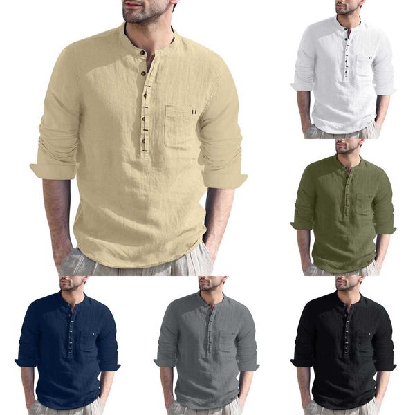 Männer T-Shirts Weiß Baumwolle Hemden Männlich Casual Solide Hemd Bluse Tasche Langarm Taste Stehkragen ops Herren op workout Y2302