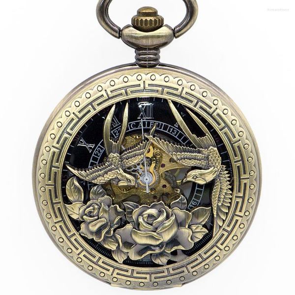 Orologi da taschino Vintage Flower And Bird Carving Skeleton Dial Mehanical Hand Wind con catena Fob per uomo donna PJX1349