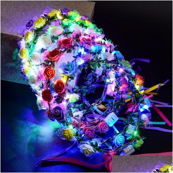 Flores decorativas grinaldas led grinaldas de flores para vestido de noiva cabelos guirlanda de noiva rom￢ntica dama de honra coroa floral havai litoral dhncr