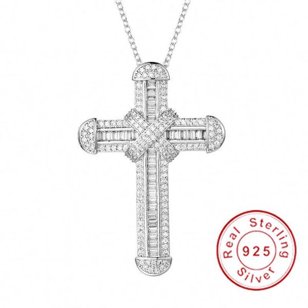 Anhänger Halsketten Neue 925 Silber Exquisite Bibel Jesus Kreuz Anhänger Halskette für Frauen Männer Kruzifix Charme Simulierte Platin Diamant Schmuck N028 G230202